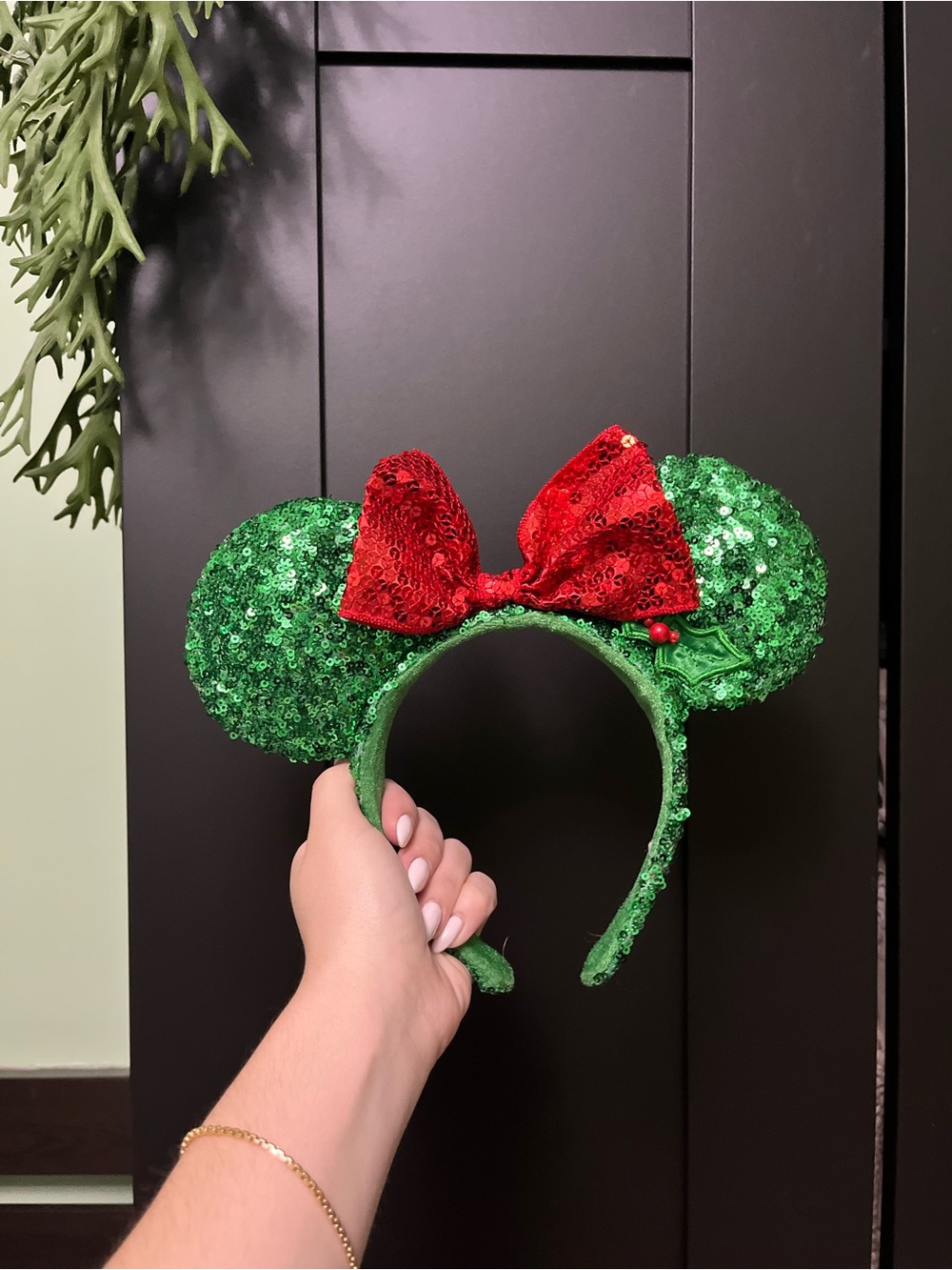 Disney Green Sequin Minnie Ear Headband with Red Bow